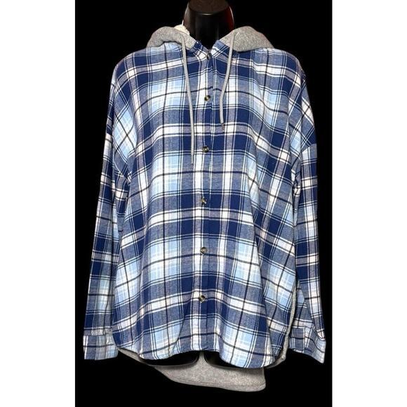 Flannel Faux Fur Hoodie Women Blue Plaid Button Up Long Sleeve Size XL (15-17) - Picture 3 of 10